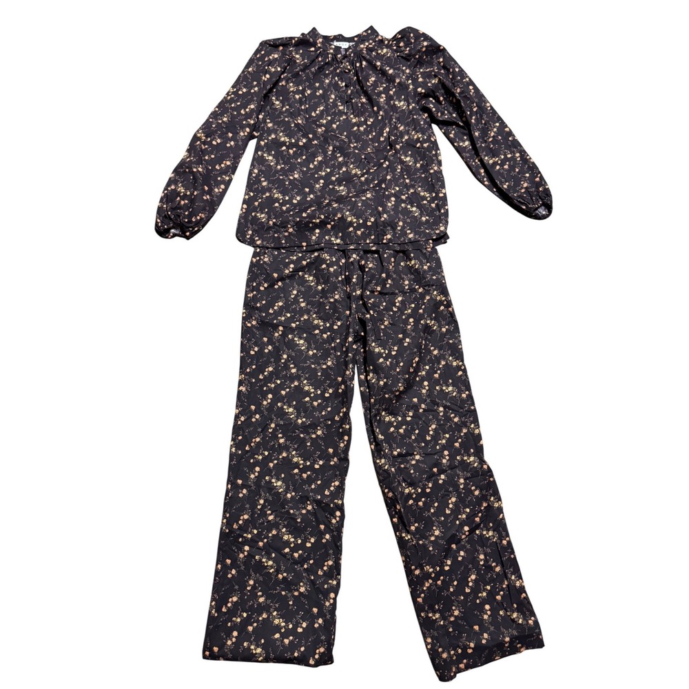 APOF Womens Floral Matching Set Blouse and Wide Leg Pants Dark Floral Print